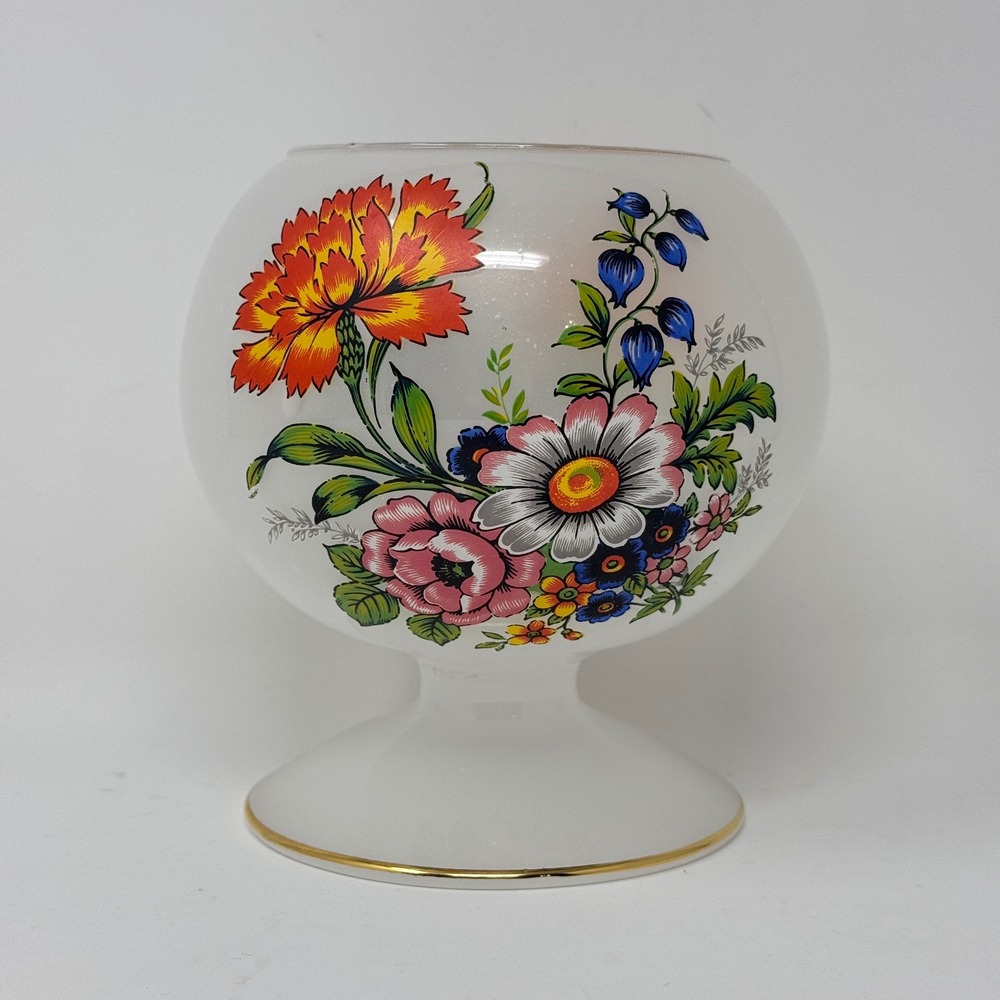 Vintage Frosted White Glass Rose Bowl Vase Floral Pattern Gold Rim Footed 6in